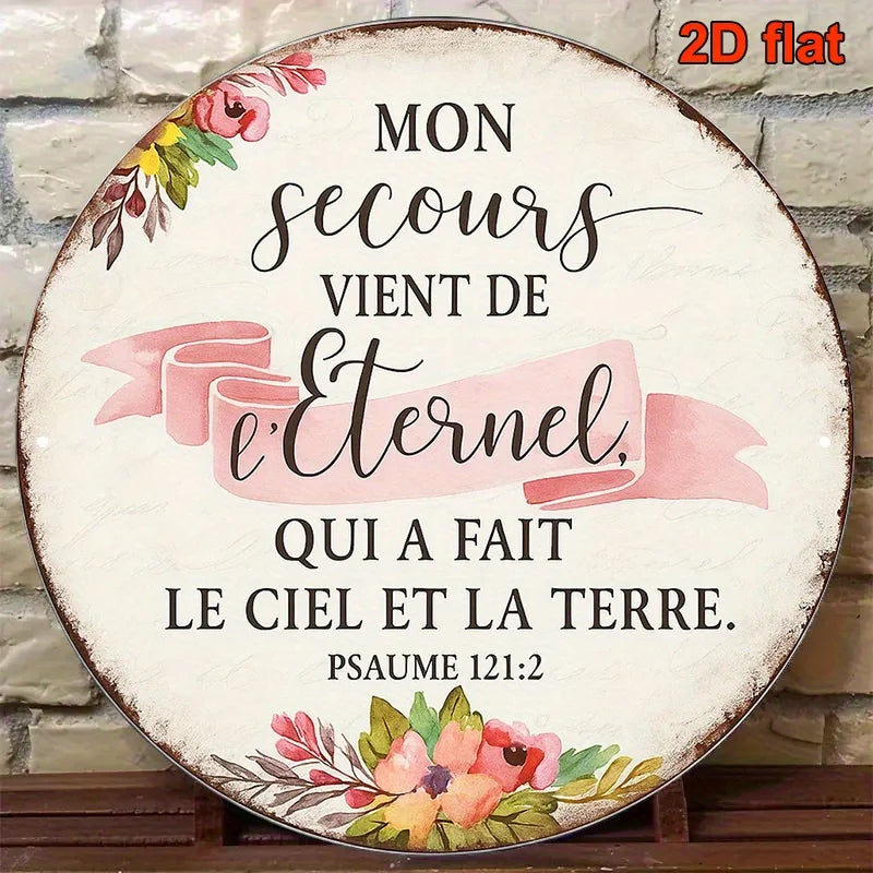 décoration murale vintage plaque circulaire motifs fleurs textes blanc rose