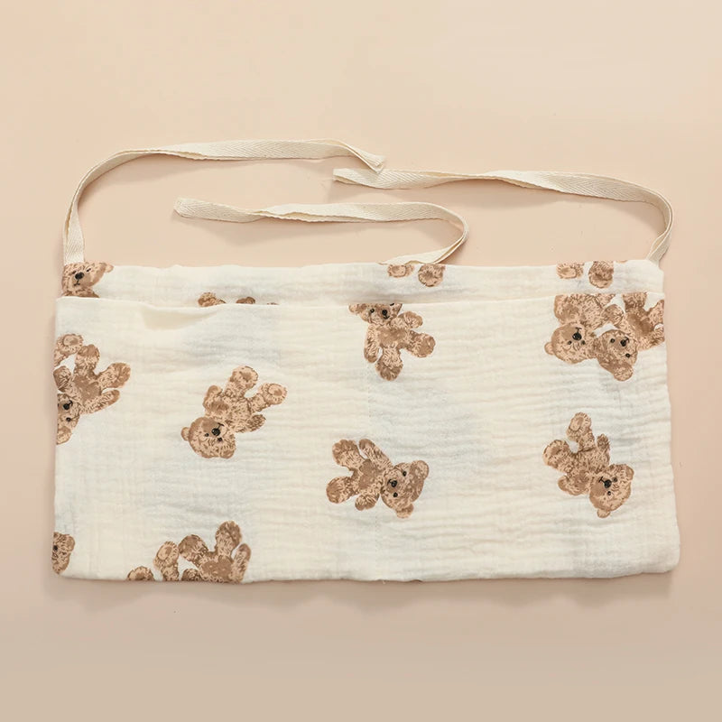 sac rangement lit bébé coton coeurs dorés gris simple double poche fixation ruban