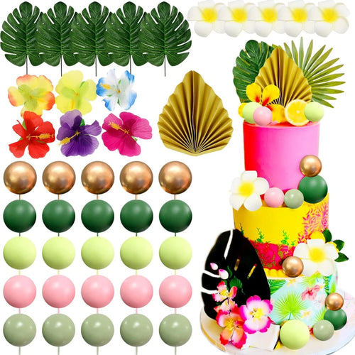 accessoires decoration gateau tropical feuilles fleurs boules colorées figurines pastèque flamant rose