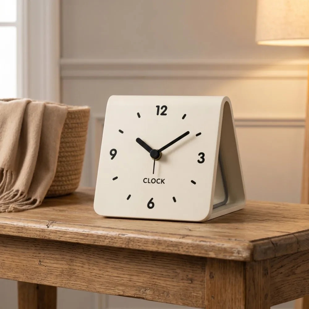 horloge table blanc rondes noires heures moderne quartz précision silencieuse