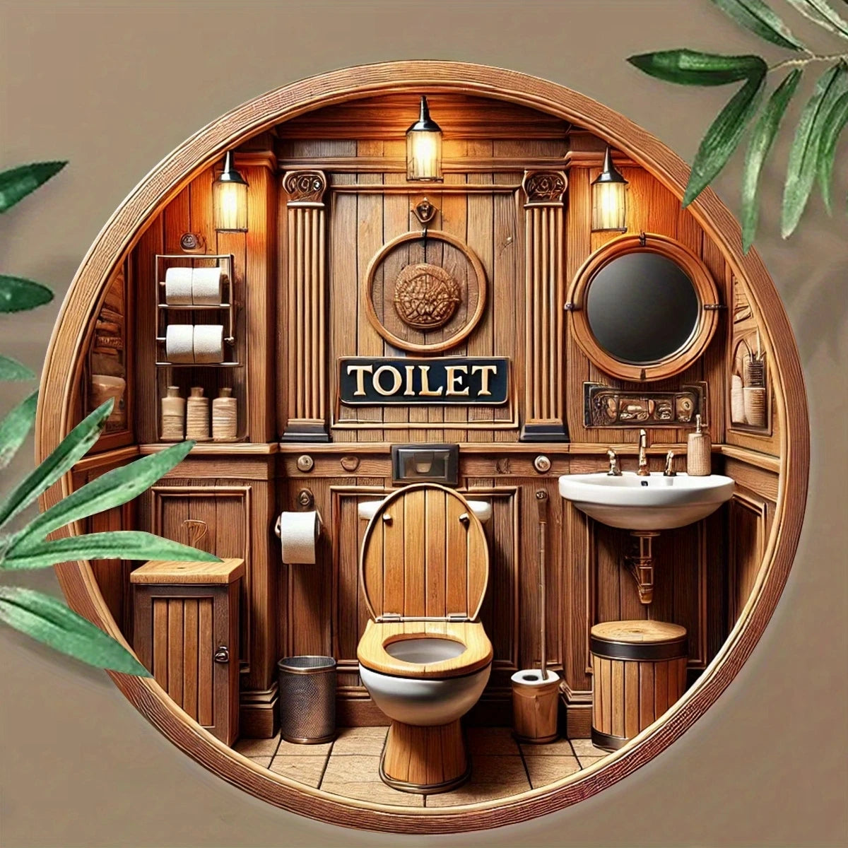 panneau decoratif mural bois naturel rond vintage rustique salle bains