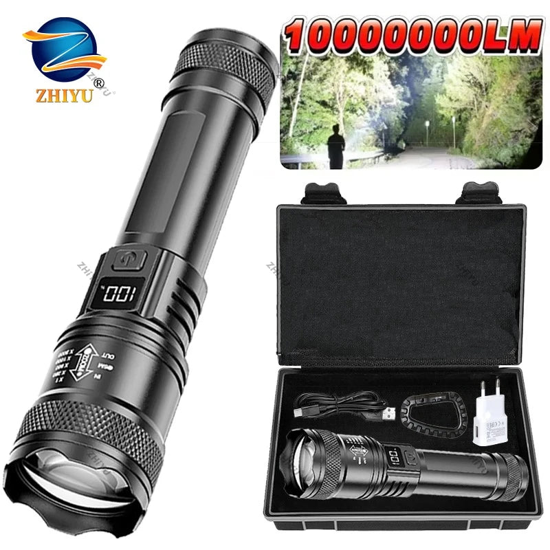 lampe torche noire rechargeable led zoomable écran lcd modes auto défense camping