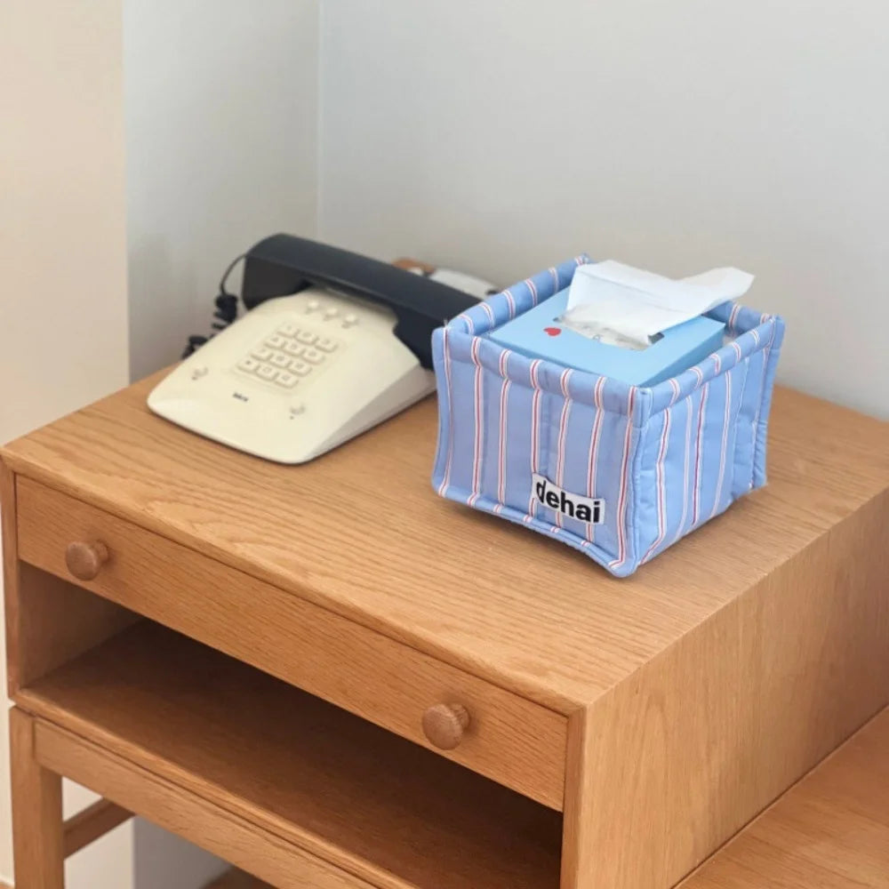 boîte rangement moderne bleu clair jaune clair blanc rayures fines tissu amovible pratique sans
