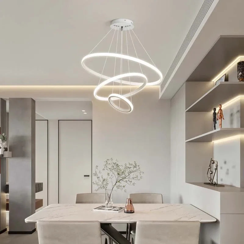 lustre moderne minimaliste suspension câbles noir or blanc concentrique led chambre salon