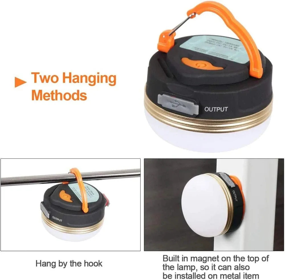 lampe camping rechargeable led noir orange doré moderne pratique crochets aimants usb