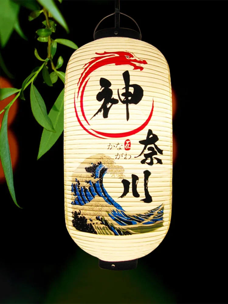 lanterne japonaise traditionnelle blanc noir rouge bleu vert paysages symboles lettrage extérieur festive