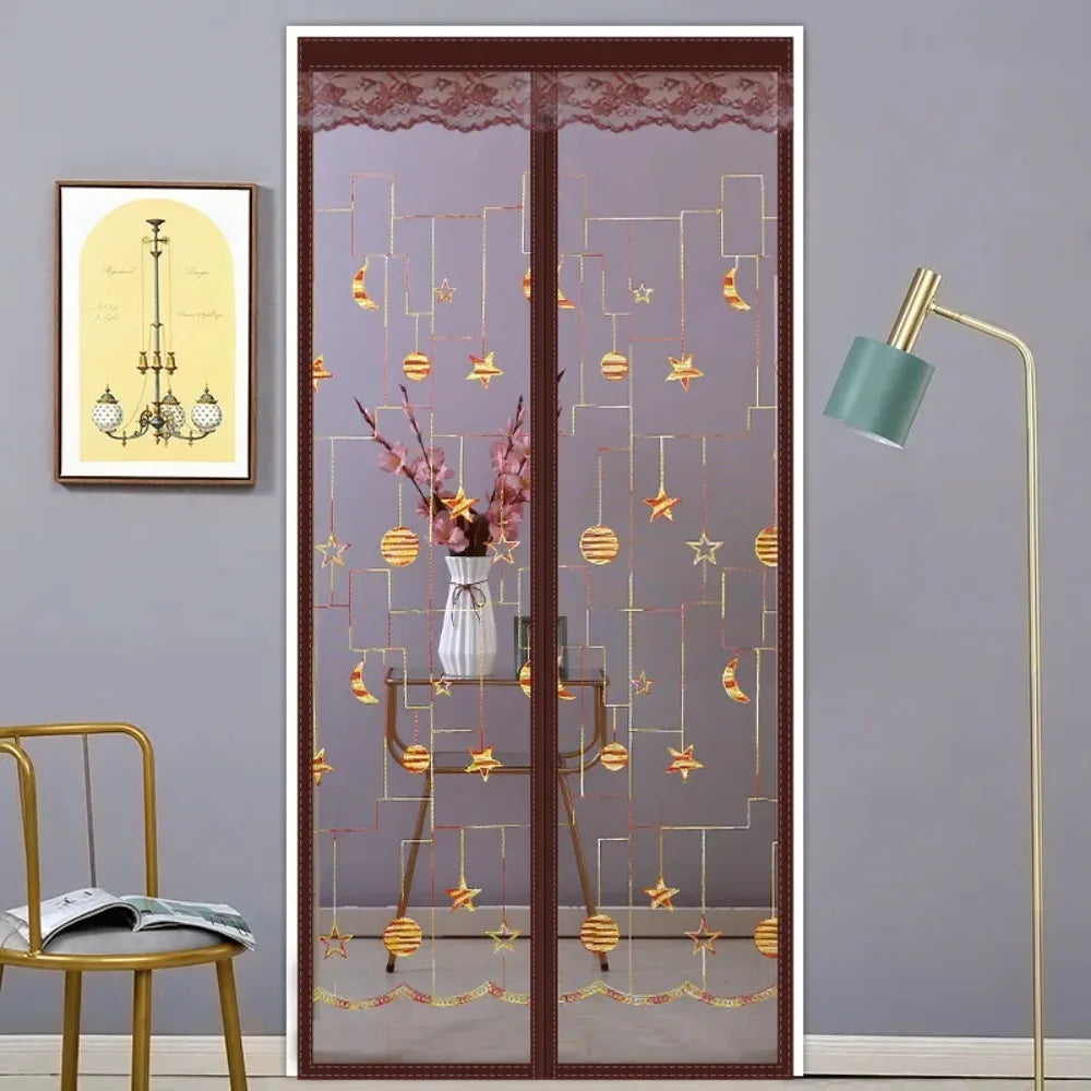 rideau porte moderne gris translucide fleurs dorées motifs géométriques bien ventilé anti insectes