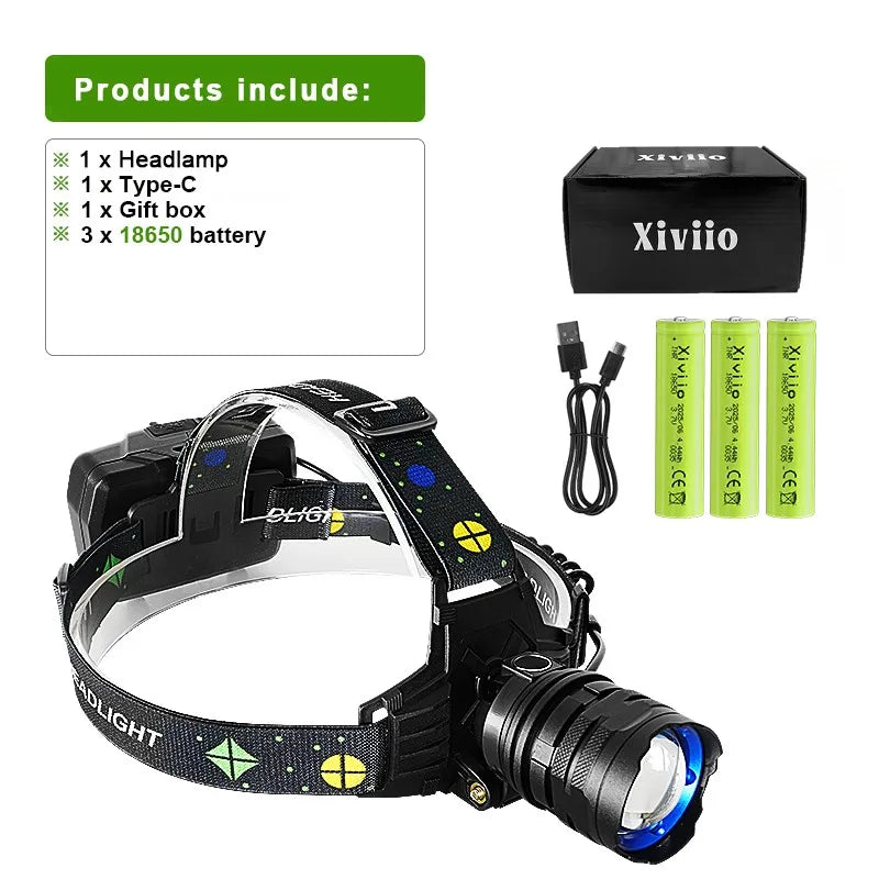 lampe frontale rechargeable led noire moderne ceinture ajustable mode chasse pêche