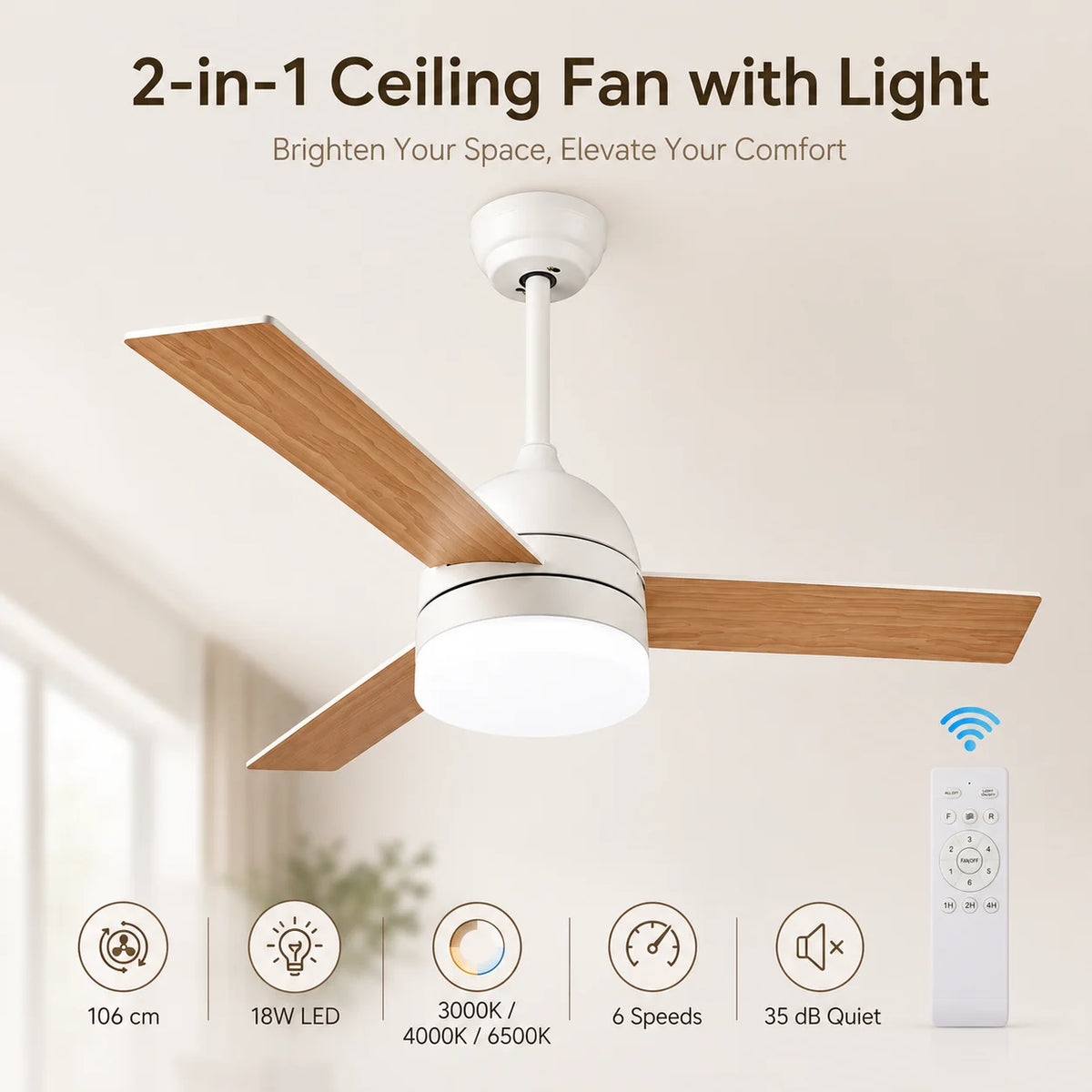 ventilateur led moderne blanc imitation bois télécommande couleurs sélectionnable minimaliste chambre cuisine