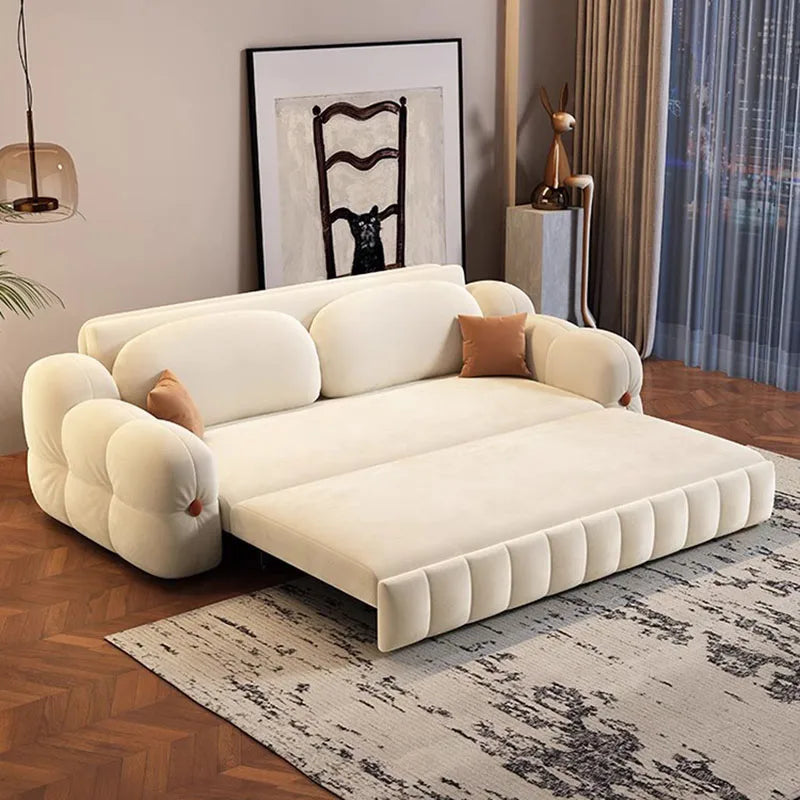 canapé lit moderne beige velours boutons convertible multifonctionnel minimaliste coussins tapis