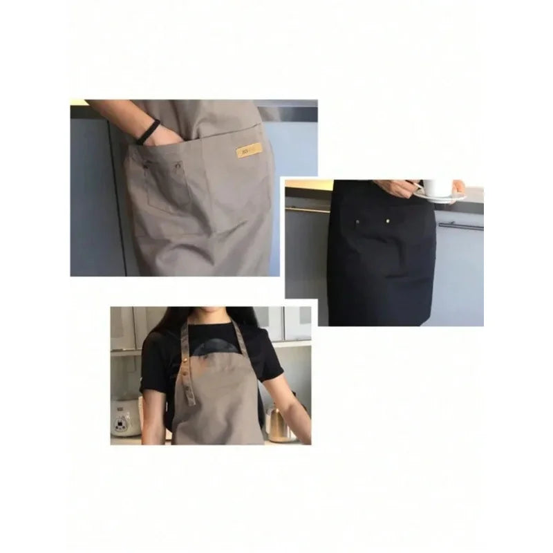 tablier toile polyester gris noir classique poche boutons élastiques cuisine uniforme serveur