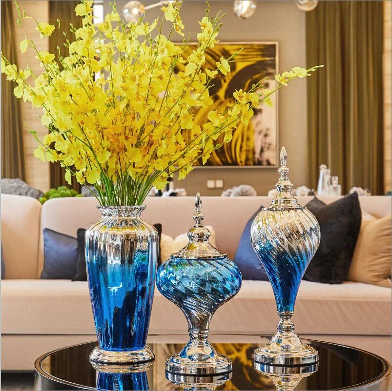 vase verre bleu tourbillon moderne décoration intérieure élégante transparent ornement floral