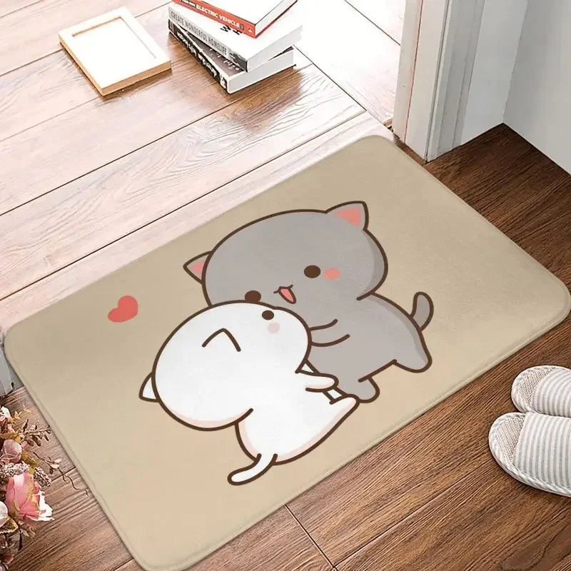 tapis sol moderne motif chat mignon mangeant nouilles rose gris blanc intérieur extérieur