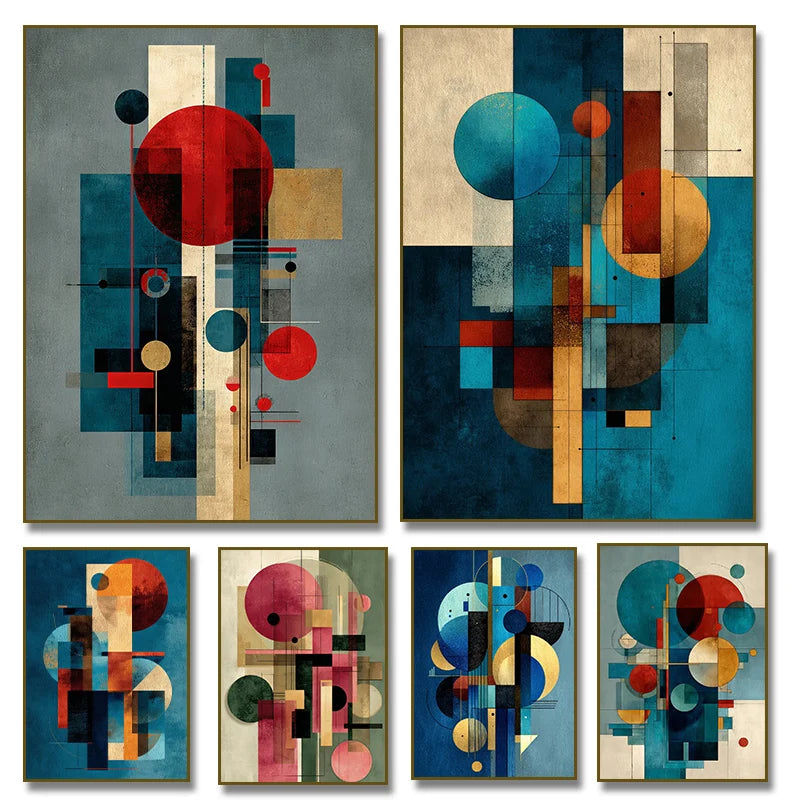 toile d'art abstrait moderne composition géométrique bleu rouge beige noir