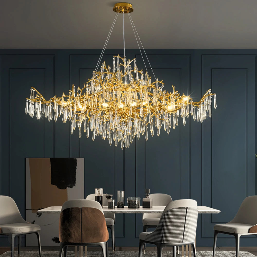 lampe suspendue or cristal moderne branches dorées pendeloques transparentes chambre salon