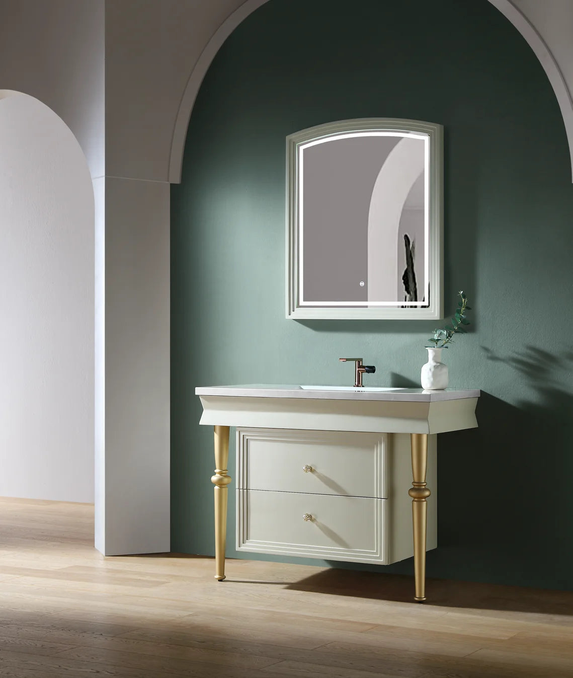 meuble vasque salle bain miroir blanc doré tiroirs élégants marbre imitation classic wall mounted