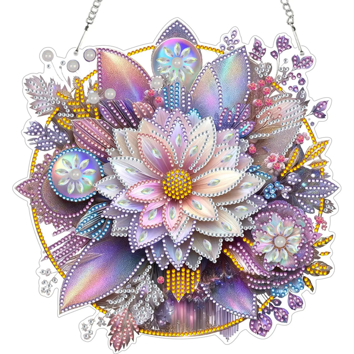 décoration murale artisanale peinture diamant motif floral violet blanc doré vert rose