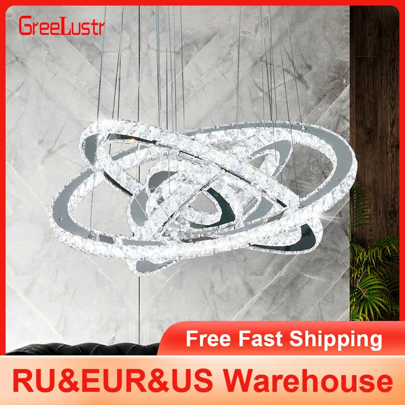 suspension lumineuse moderne anneaux cristal poli blanc doré strass haute luminosité télécommande