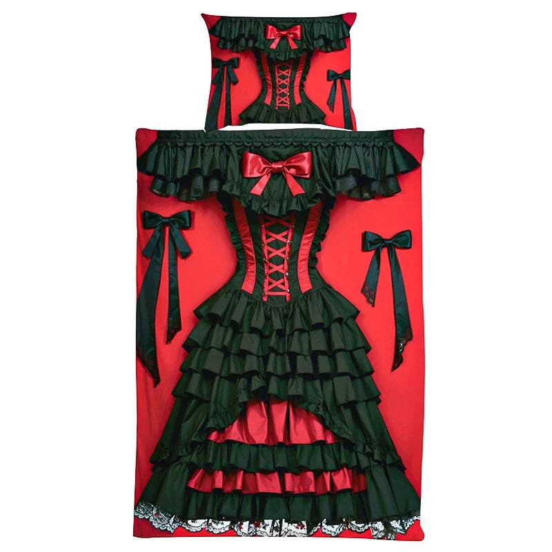 ensemble literie drap housse couette taies oreillers rouge noir gris clair motifs volants rubans