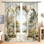 rideaux classiques imprimés paysage floral fenêtre arche blanc vert bleu rose jaune beige