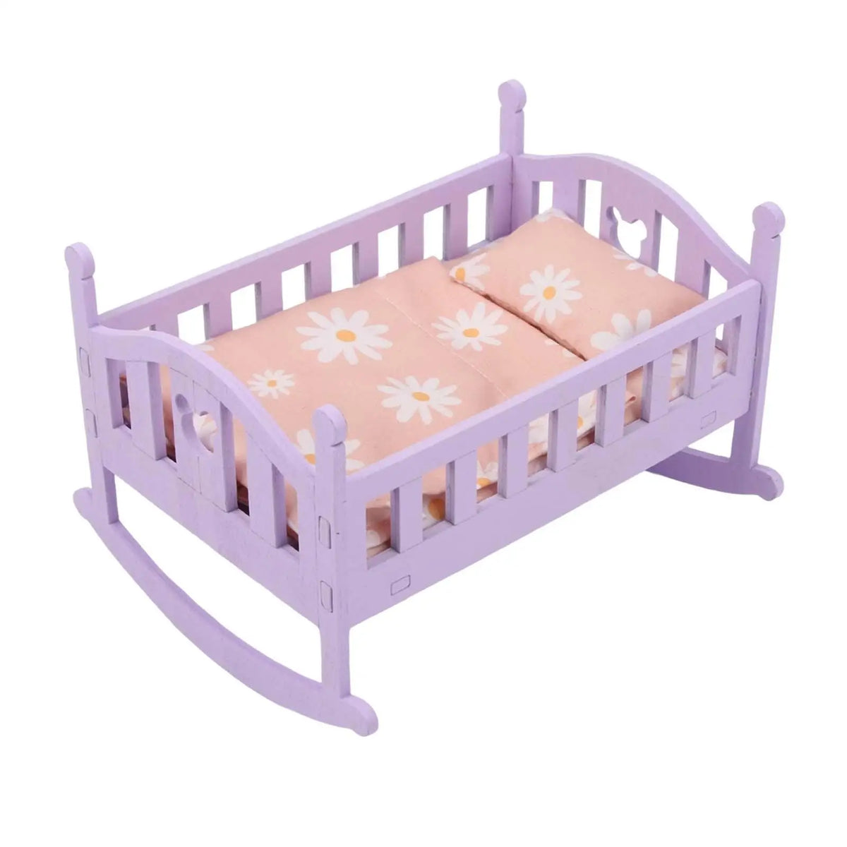 lit balancier poupée violet marguerites blanches fond rose classique deux oreillers couverture