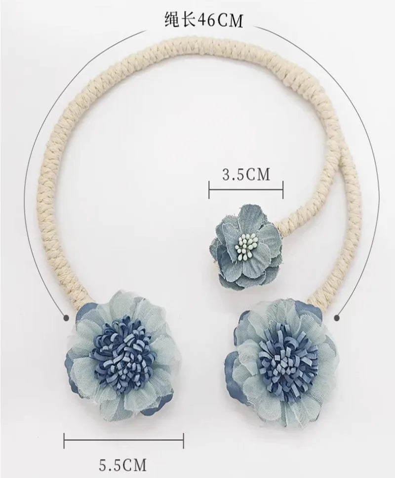 rideau polonais bohème fleurs coton corde tressée moderne attaches pompons transparent floral