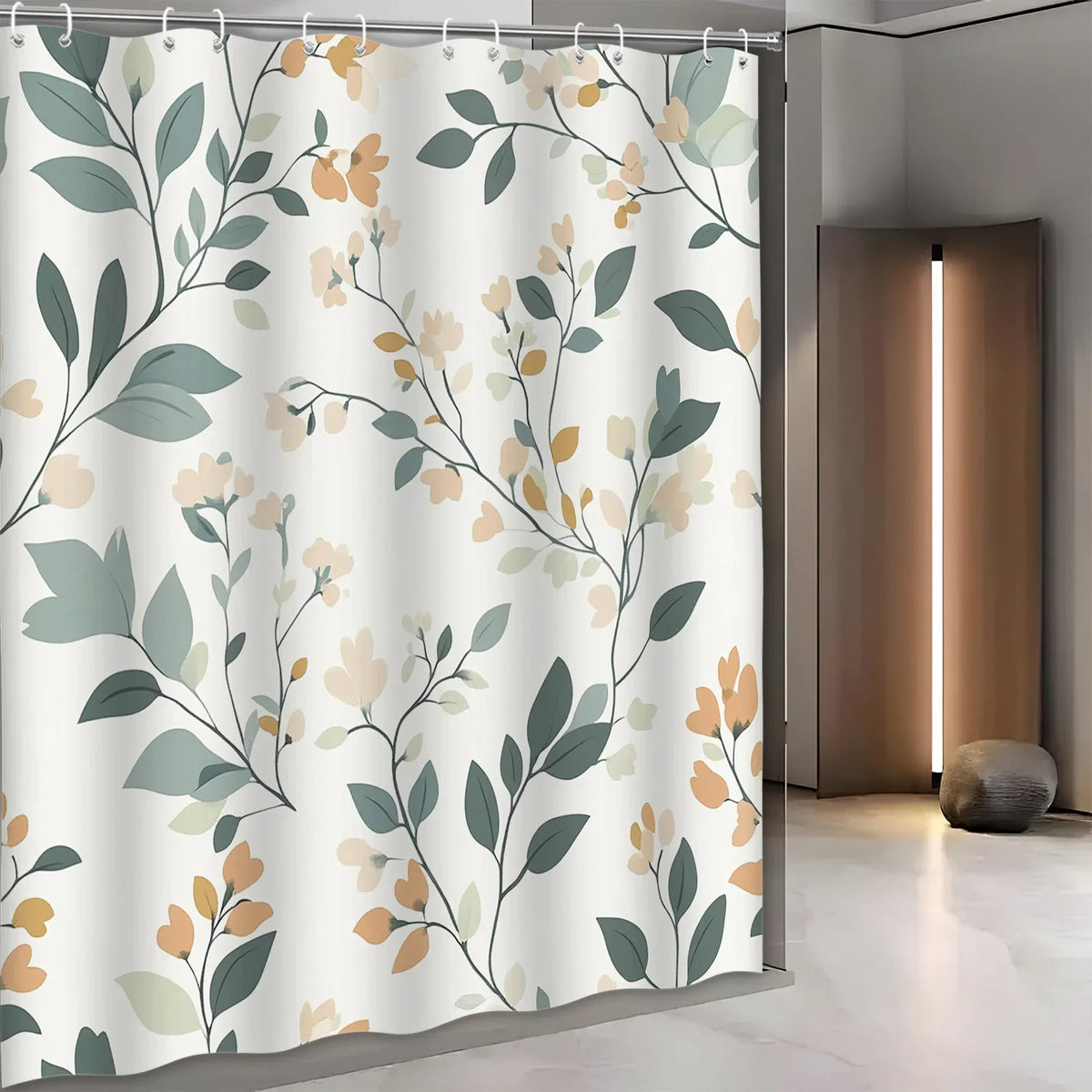 rideau douche motifs floraux moderne blanc vert orange polyester totalement opaque botanique