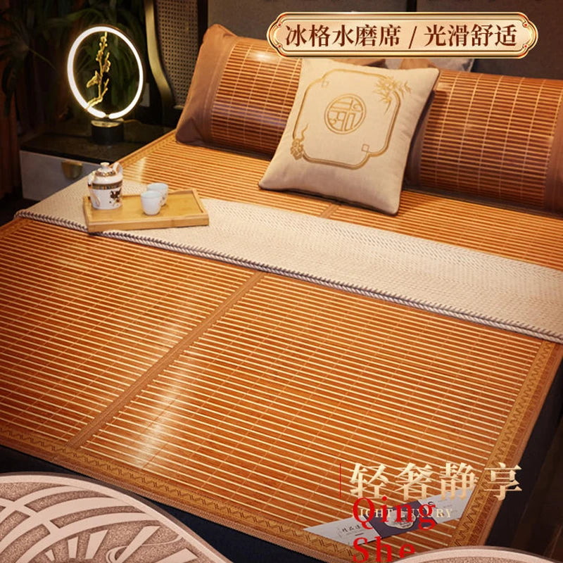 matelas bambou beige clair rayures horizontales moderne lit double chambre dormir maison confort