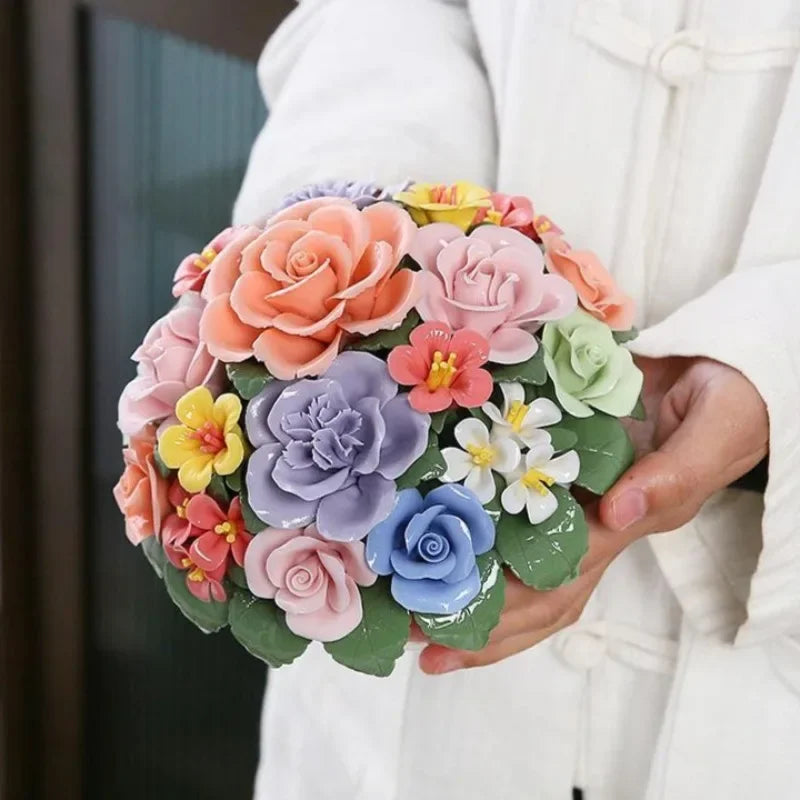 décoration intérieure bouquet artificiel fleurs céramique rose violet bleu blanc kawaii figurines ornement classique
