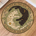 tapis rond vintage chats lunes soleils motifs floraux noir beige jaune blanc vert