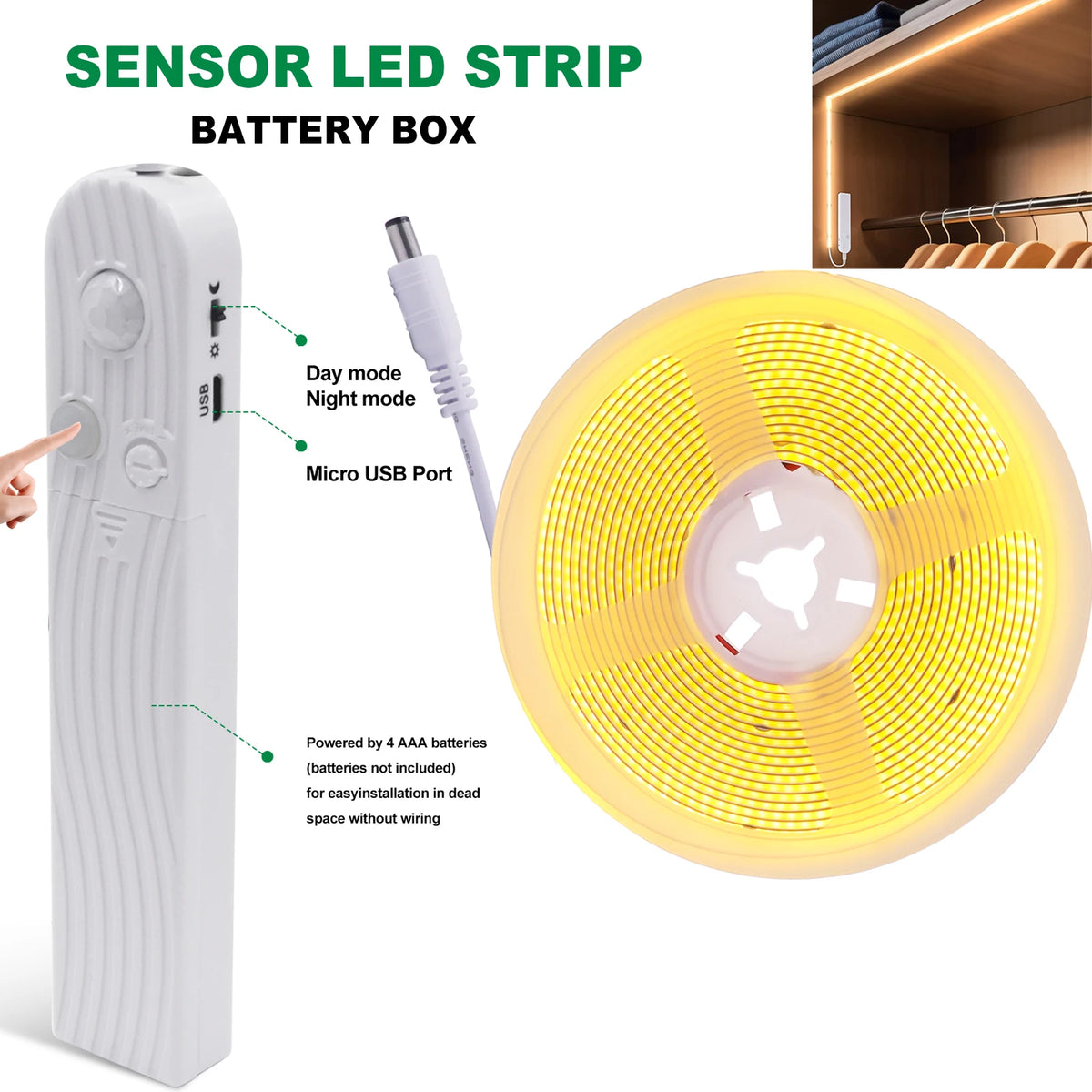 ruban led coob 320 ledm détecteur mouvement batterie adhésif blanc moderne 3000k 6500k 50000h