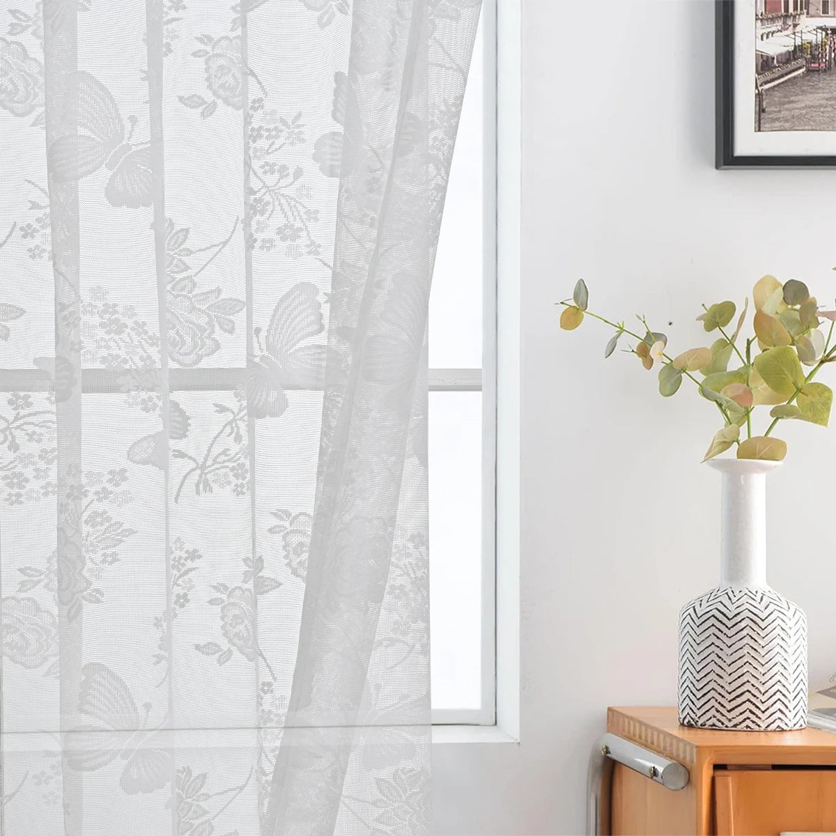 rideau moderne polyester transparent papillons fleurs blancs salon chambre coucher