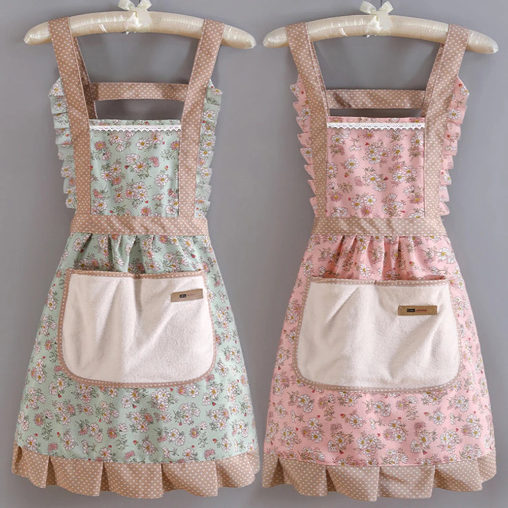 tablier cuisine fleur rose clair vintage pois blancs élégants poche amovible coton romantique