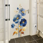 autocollant mural moderne fleurs bleues feuilles dorées intérieur salle bain toilette 30x60cm opaque adhésif