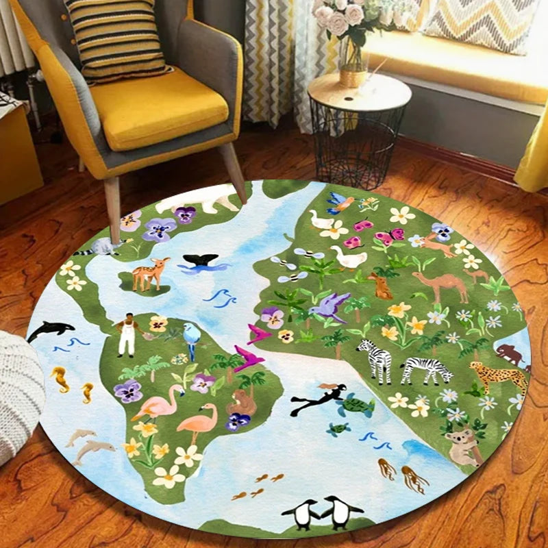 tapis rond carte monde animaux bleu vert blanc enfant moderne extérieur salon chambre prière