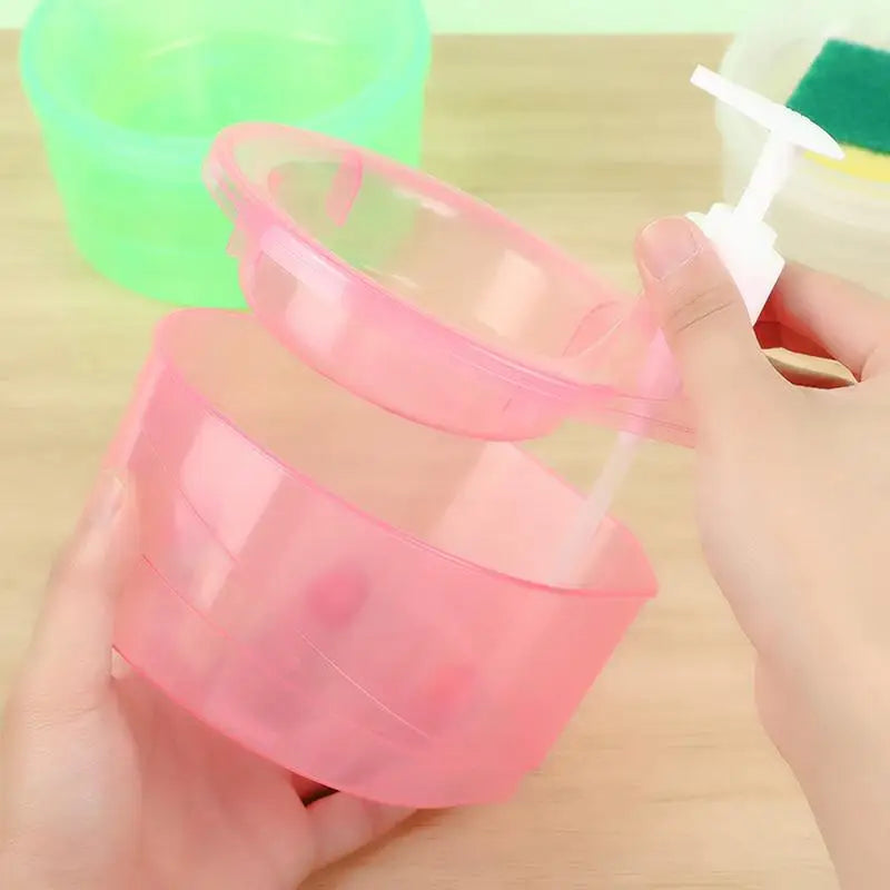 distributeur savon liquide éponge intégrée adhésif moderne transparent rose violet