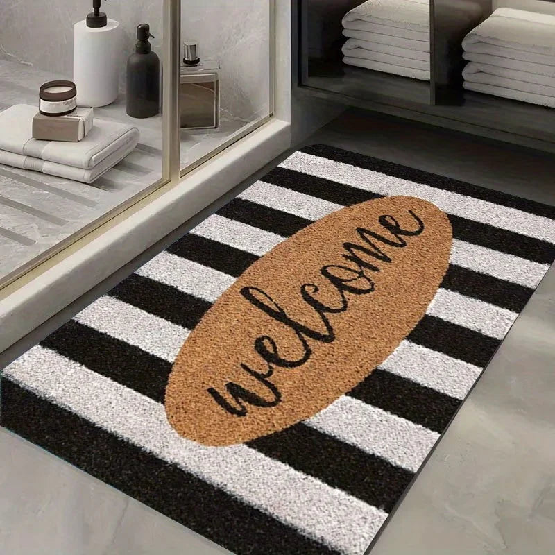 tapis d'entrée moderne rayé noir blanc rose antidérapant polyester