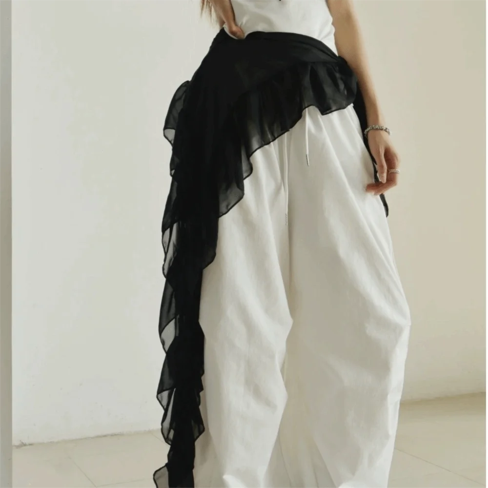jupe asymétrique volants noir blanc léopard transparente bohème minimaliste liens nouer pantalon ample