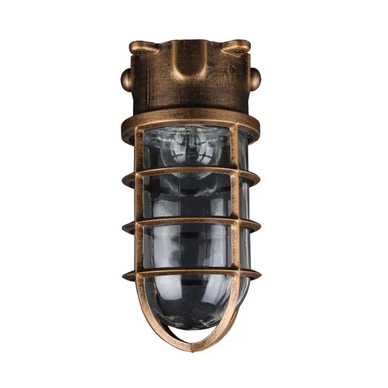 Lampe sécurité industrielle vintage fonte noire bronze bleu clair verre transparent grille métallique