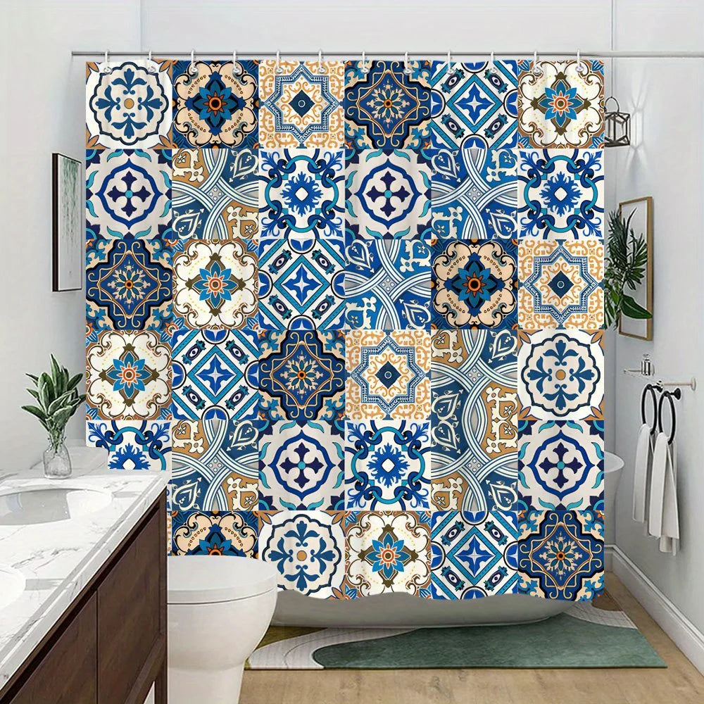 rideau douche vintage ethnique bleu blanc patchwork motifs géométriques opacité anneaux métalliques
