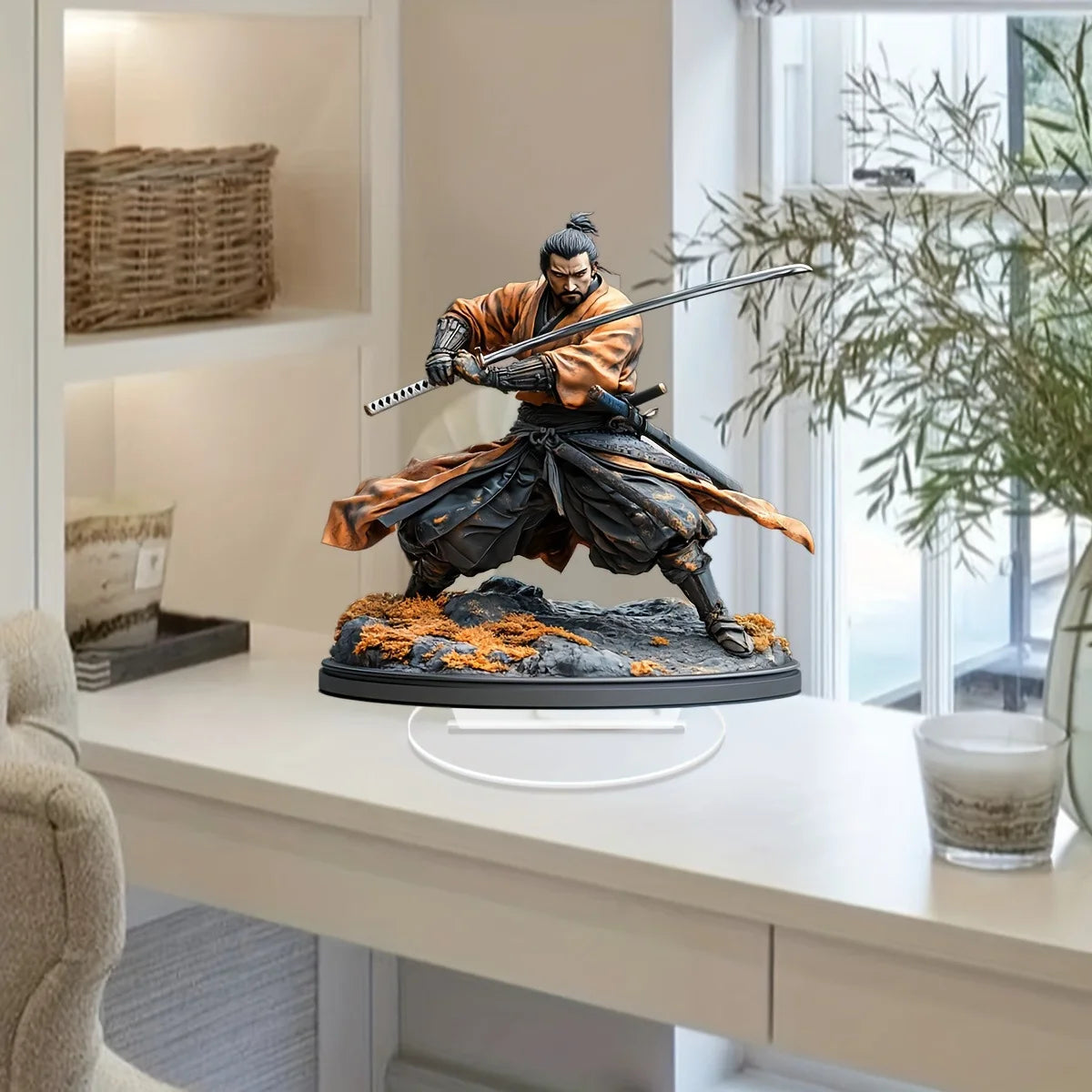 statue samouraï décoration traditionnelle guerrier arts martiaux japonais bleu blanc marron