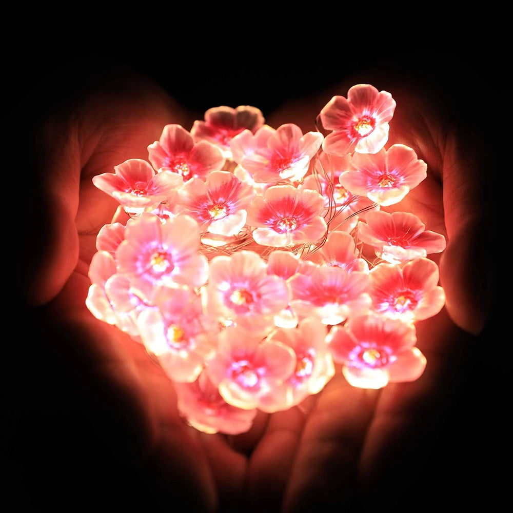 guirlande lumineuse fleurs roses blanches moderne extérieure auto batterie LED