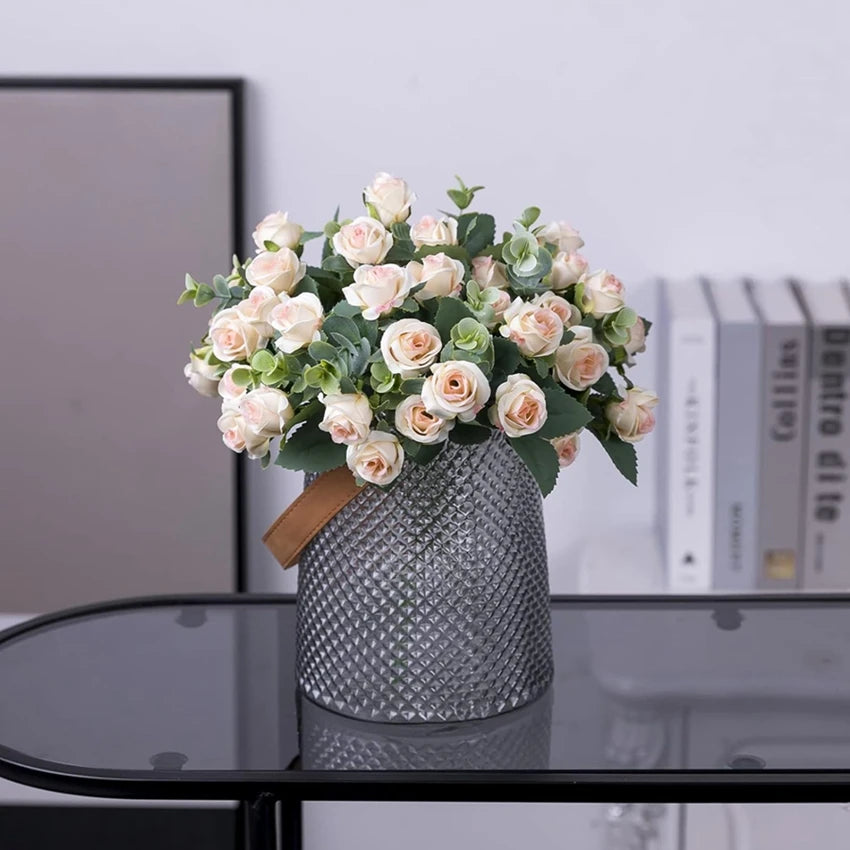bouquet roses artificielles feuilles eucalyptus decoration maison anniversaire mariage pink purple white
