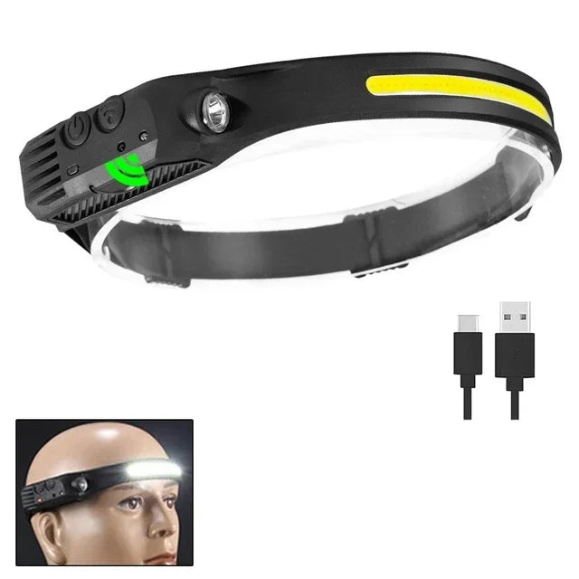 lampe frontale rechargeable led ipx4 camping pêche ceinture ajustable sensor switch noir jaune