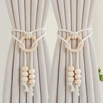 boucles rideau boho chic bois franges coton beige clair anneaux métalliques