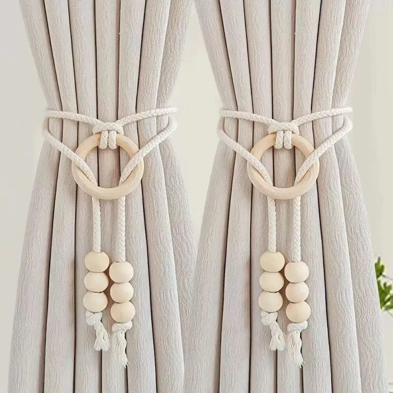 boucles rideau boho chic bois franges coton beige clair anneaux métalliques