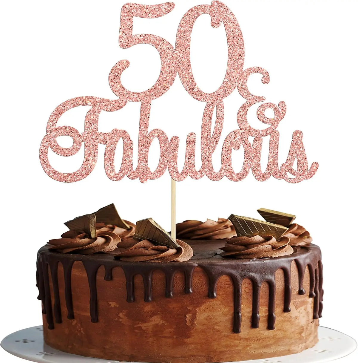 décoration gâteau anniversaire 50 ans rose pailletée lettres brillantes élégantes calligraphie pique bois festives
