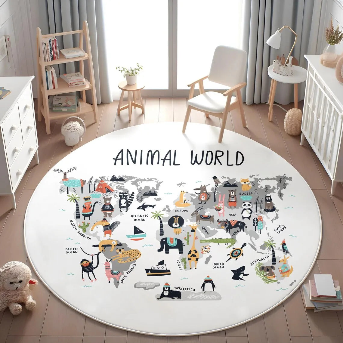 tapis moderne enfants animaux carte monde antidérapant intérieur extérieur 80x80cm 120x120cm