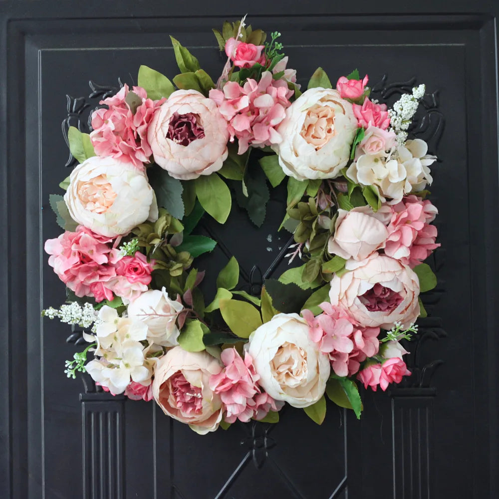 couronne florale vintage rose blanche feuilles vertes fleurs artificielles intérieur mariage table porte