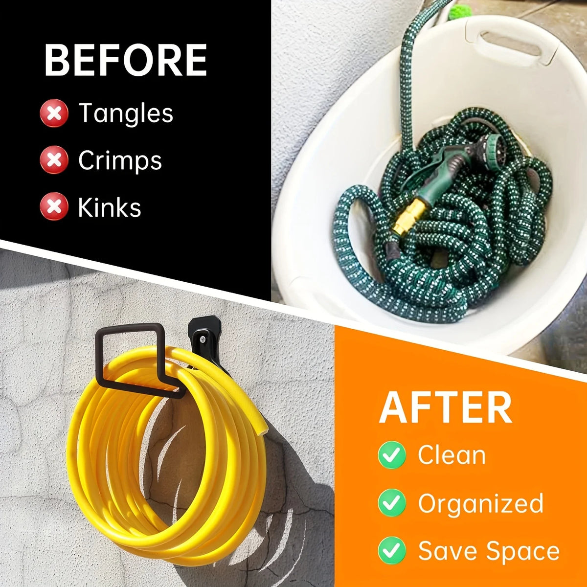 support mural tuyau arrosage robuste noir vert fixations vis mur utilitaire rangement outils fonctionnel